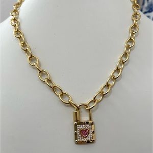 Heart Padlock Lock Charm Necklace with Oval Paperclip Link Carabiner